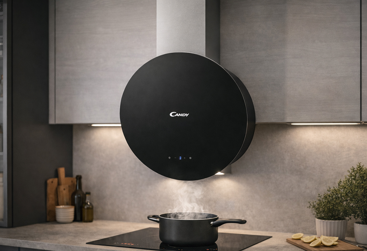 Απεικονίζεται ο απορροφητήρας εγκατεστημένος στην κουζίνα.